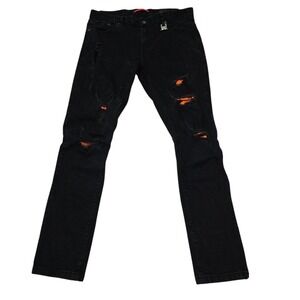 Woolf‎ Black Distressed Ripped Jeans Orange Accents Slim Fit Denim 36W 32L